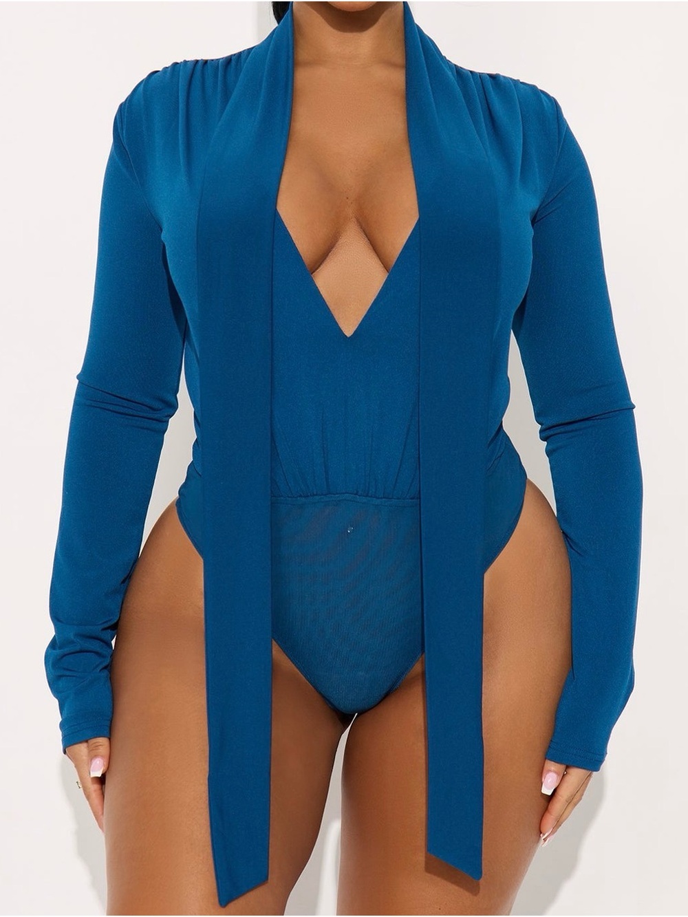 Fashion Nova Teal Long Sleeve Plunge Bodysuit